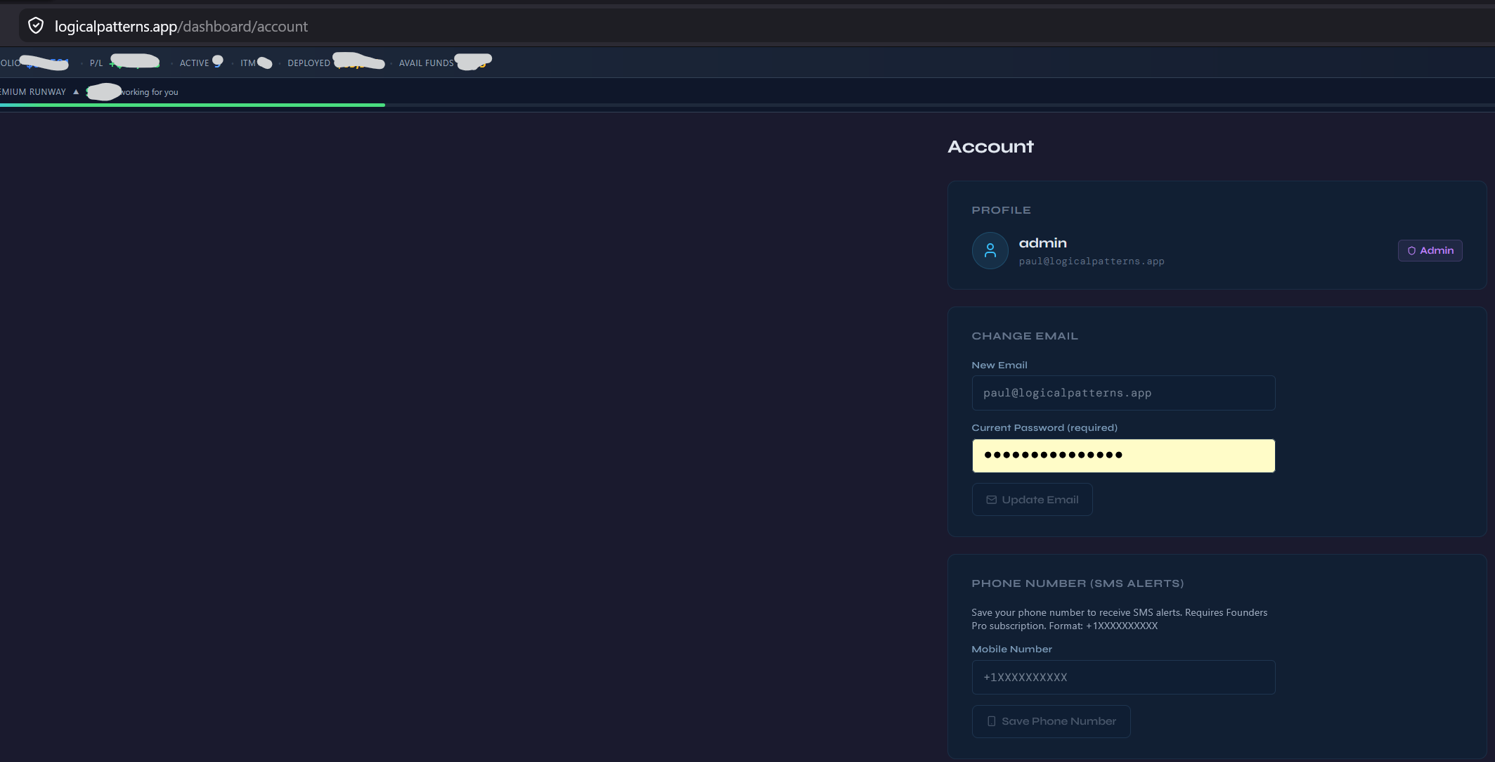 Step 1 — Account page, no phone on file