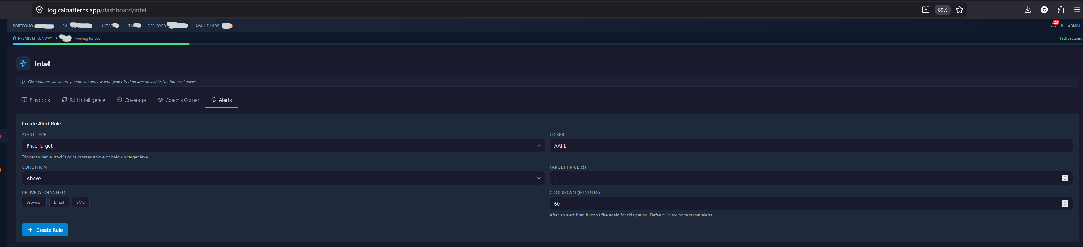 Step 4 — Creating an alert rule (SMS unchecked by default)